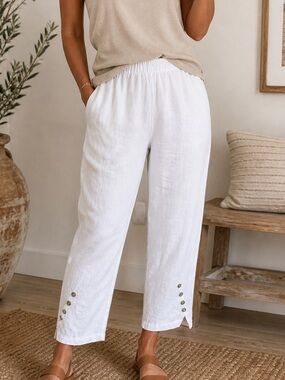 Peck & Peck Linen Pants White Elastic Waist Button hem Coastal Grandma Resort